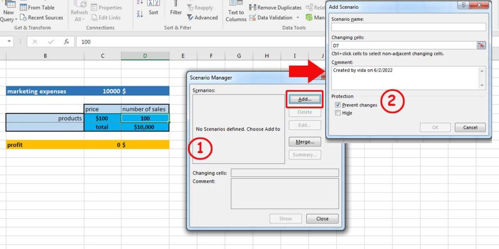 In the scenario management window in Excel, you can see the "No scenarios defined. Choose add to" message. Click on Add to open the "Add Scenario" box