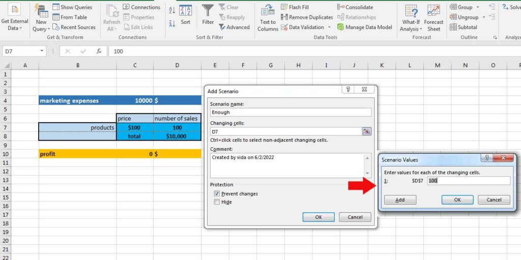 The Add Scenario window in Excel has a "Changing cells" field, in this case, it's D7 that we select and add its value in the scenario values window.
