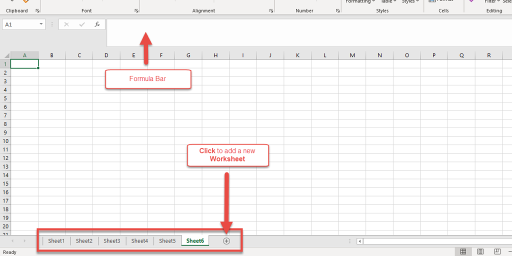 The formula bar in an Excel spreadsheet. Click on the plus icon to add a new worksheet