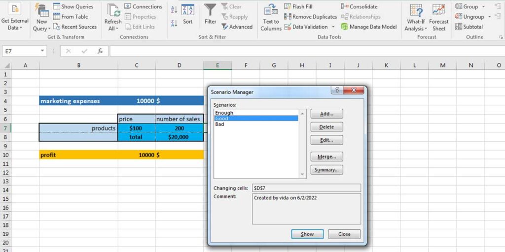 You can add up to 32 scenarios on Excel Scenario Manager. This image shows that 3 scenarios called Enough, Good and bad have been added.