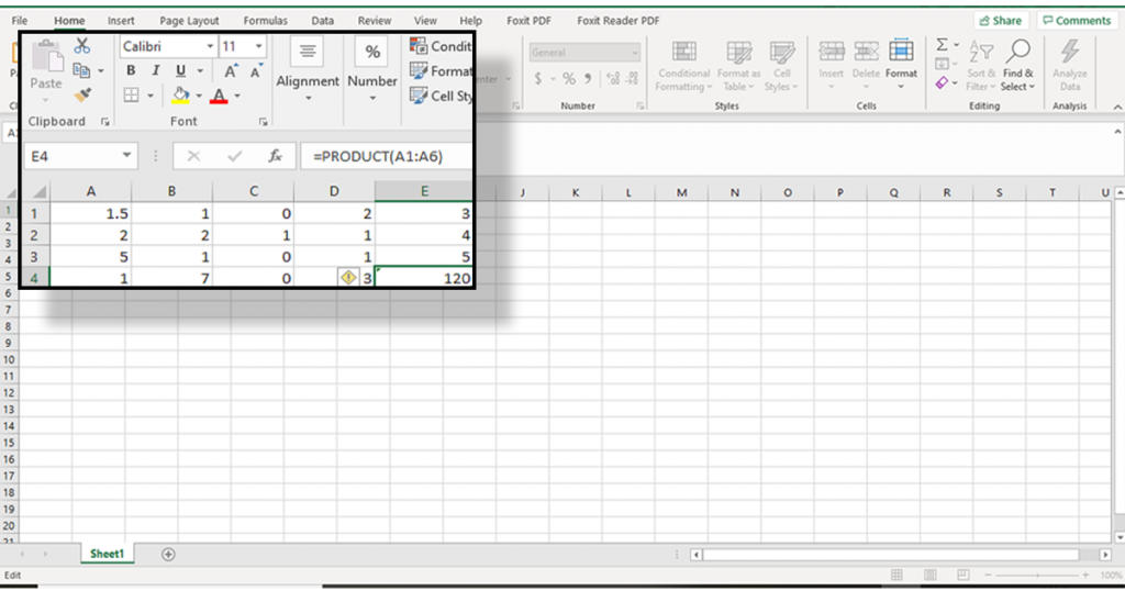 multiply a range of data Product(A1:A6)