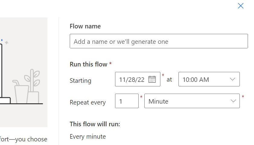 Power BI data refresh flow, enter a name and a date for a flow in power BI