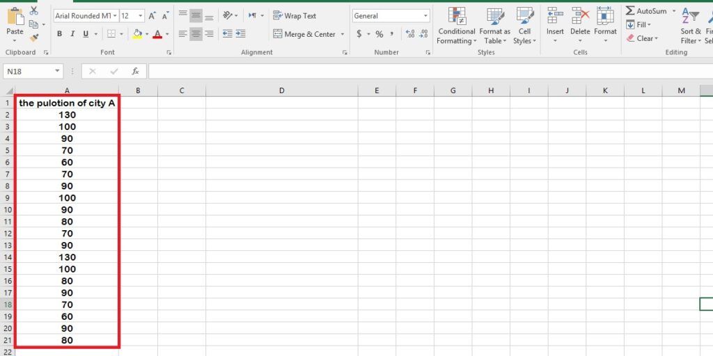 a hypothetical data set of the population of city A containing 20 rows of numbers in a single column in an Excel spreadsheet