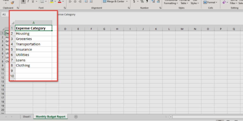 How to enter expense categories in a column in an Excel worksheet