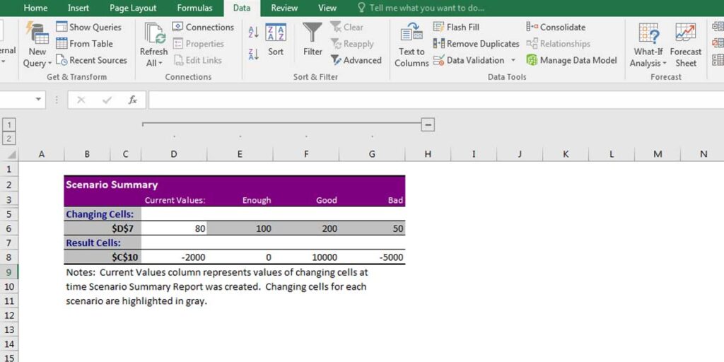 When you click on Summary in the Excel Scenario Manager window, you can choose a cell (D7) to create a report of all the existing scenarios.