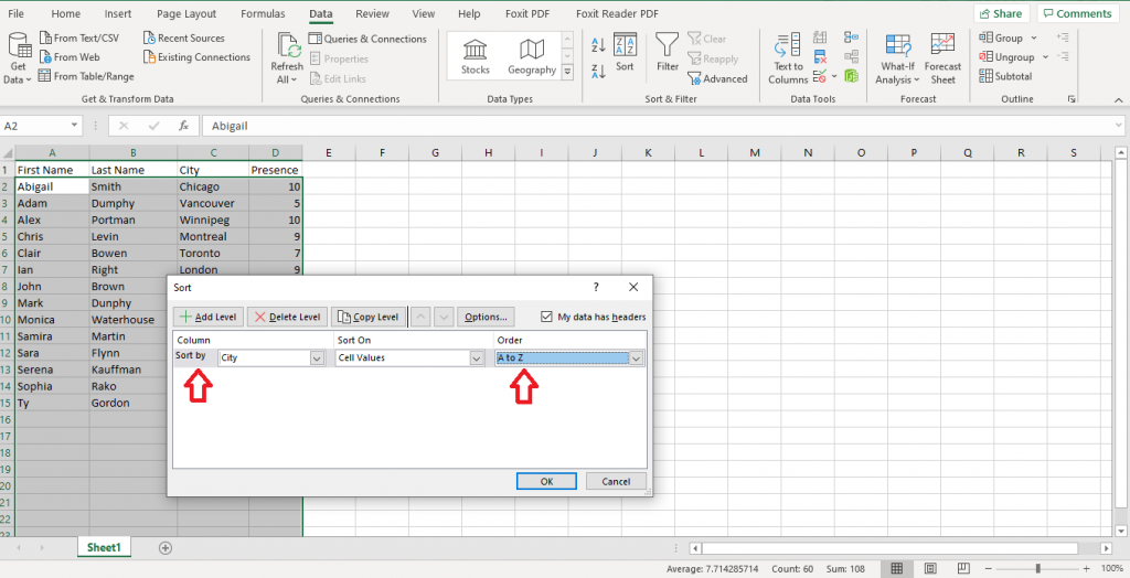 details of alphabetical sort option in Exce