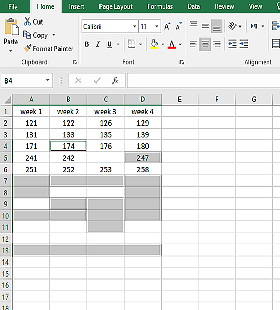 both the blank rows and the rows with some blank cells are selected and all of the blank cells are removed