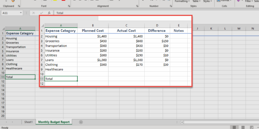 How to make a budget table in an Excel Spreadsheet and fill it