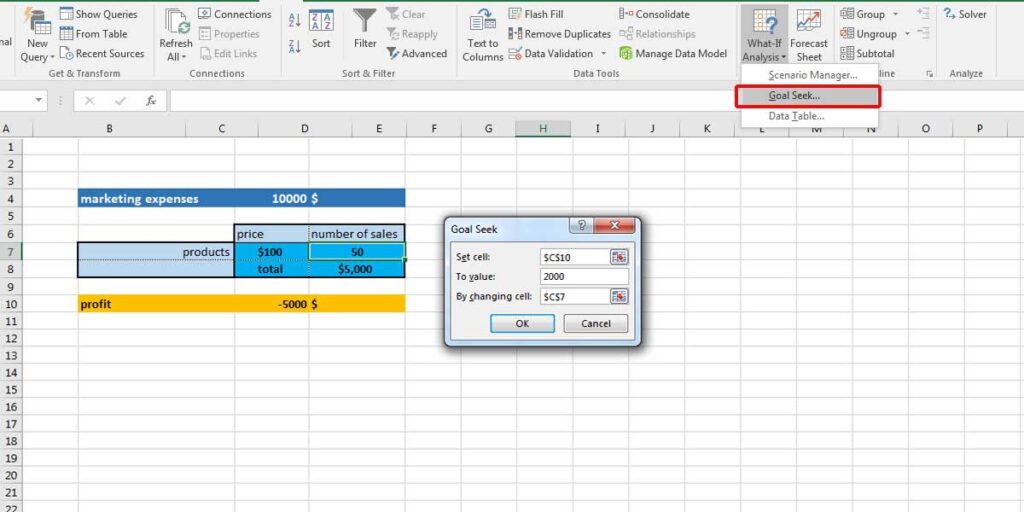 In Excel Data tab, click on What-if Analysis and select “Goal Seek”. a dialogue box opens with "Set cells", "To value" and "By changing cells" fields.