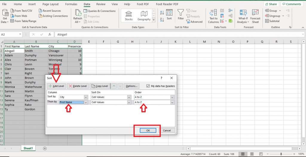 adding levels to alphabetical sort option in Exce