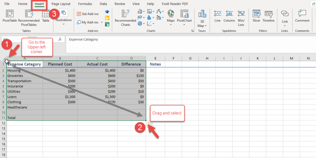 Selecting a table in Excel. Go to the upper-left corner, drag, and select