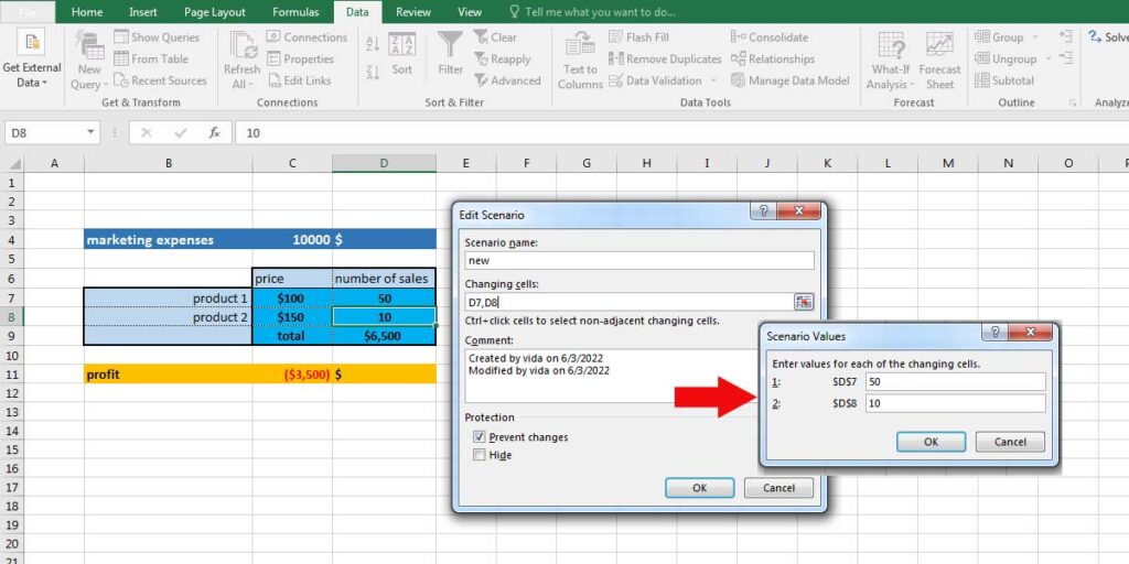 adding multiple values in Excel Scenario analysis by holding Ctrl and clicking on the cells. In this image, D7 and D8 are the changing values.