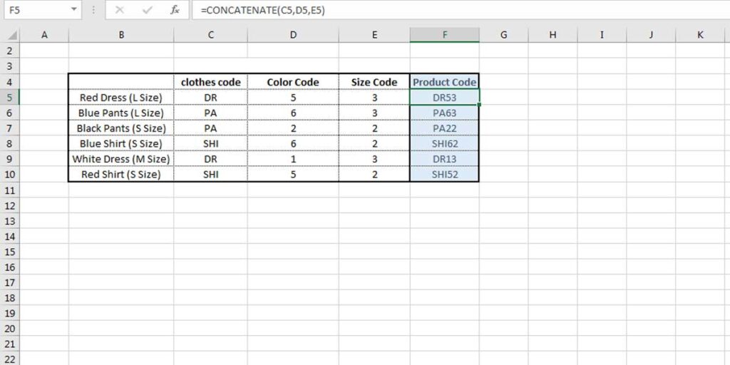 Example of making product code using CONCATENATE Function.