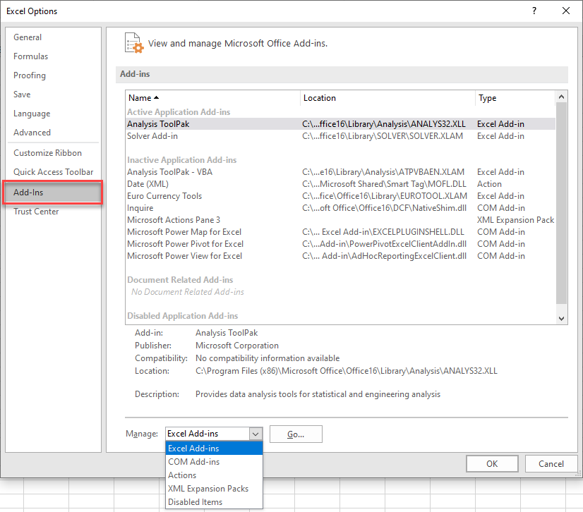 Excel add-ins section in the excel options window