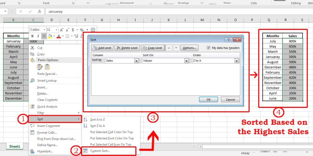 step by step example of Sorting Data on Excel