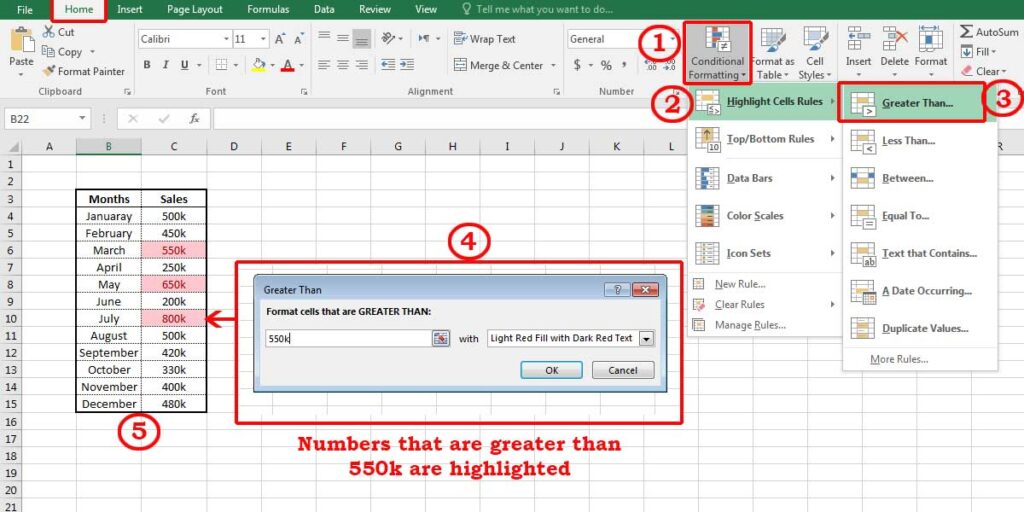 Step by step example of highlighting the cells that are higher than 550k with light red color.