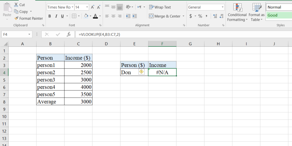 Excel N/A error