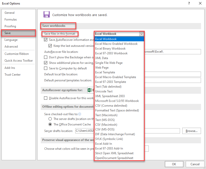 In the File tab. Click Options. Click Save. From the “Save Workbooks” section, select the format you want from the “save files in this format” menu.