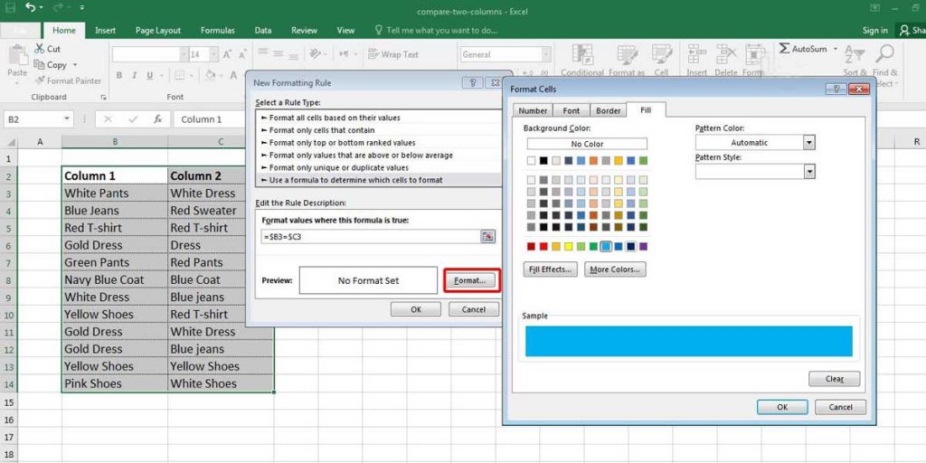 click on the “Format” button. The Format Cells dialog box will open. Now you can change font color, border, or just choose a Fill color.