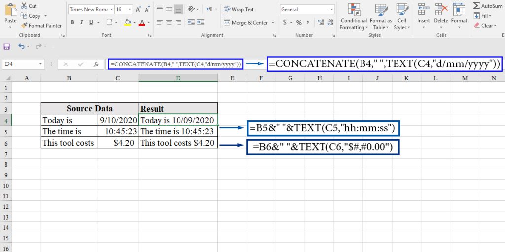 How to concatenate different formats in Excel