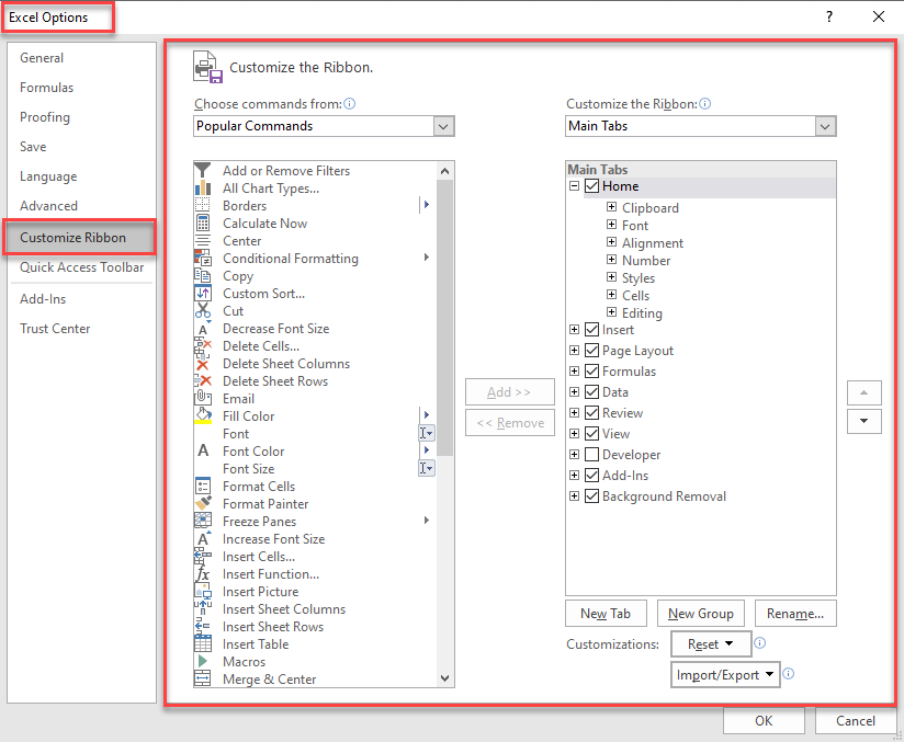in the customize section of the Excel Options window, you can change the Commands or the Ribbon based on your desire