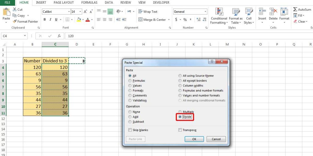 Select Divide from the Paste Special options.