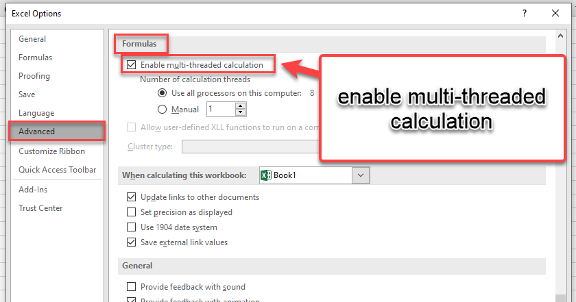 in the advanced section of the Excel Options window, under “Formulas”, check or uncheck the “Enable Multi-Threaded Calculation” checkbox