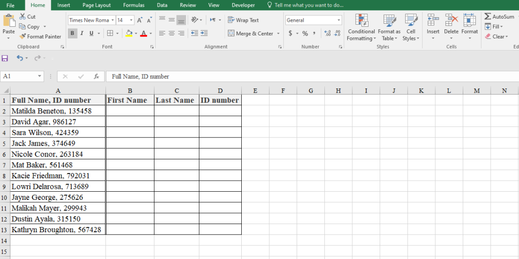 Example of how to split cells in Excel