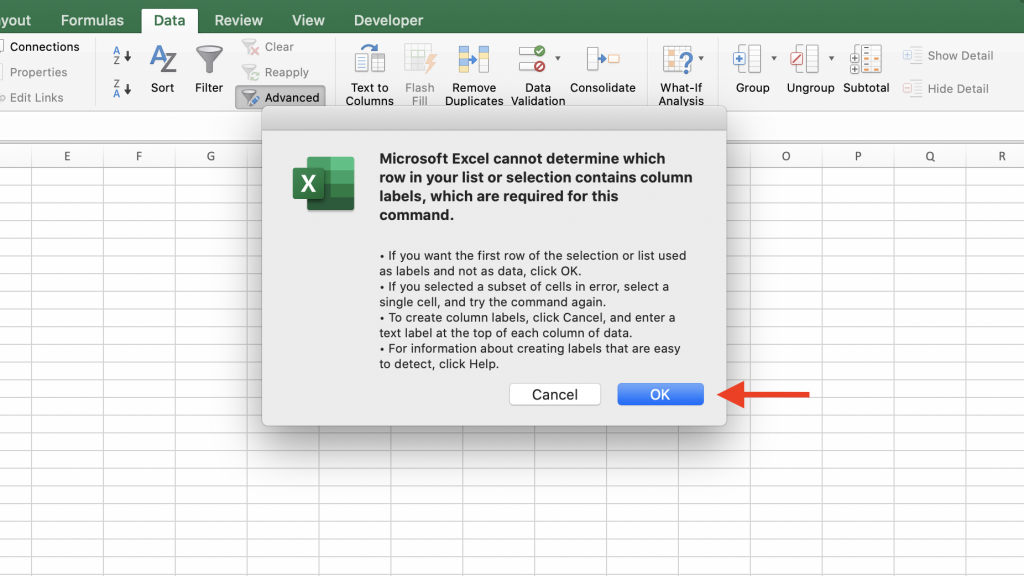 microsoft excel cannot determine which row in your list or selection contains column labels