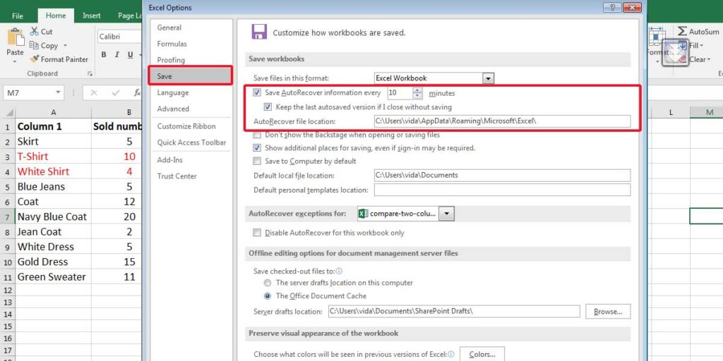 Excel file recovery settings.