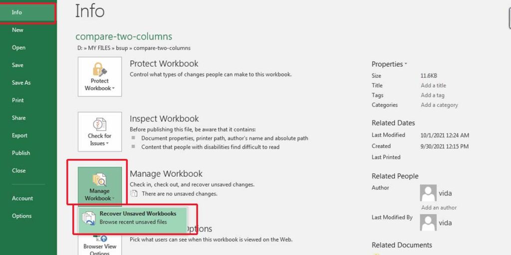 Recovering Excel file via Manage Workbook option.