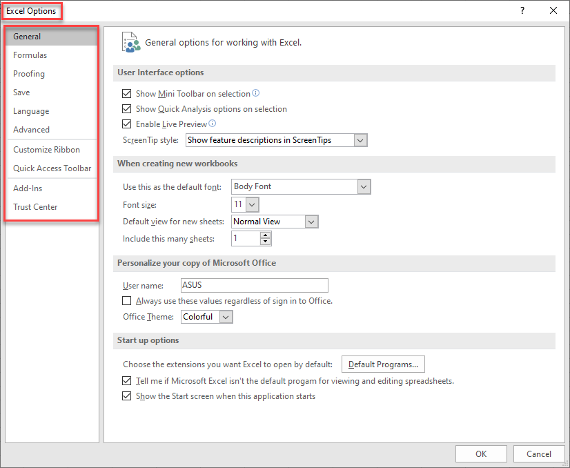 Excel options window