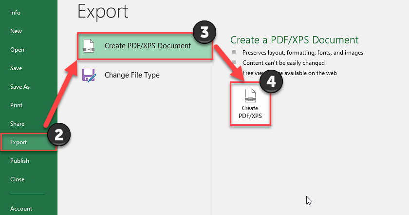 how to create a PDF file of your Excel file, click on Export in the File tab, click Create PDF/XPS Document and click on its icon