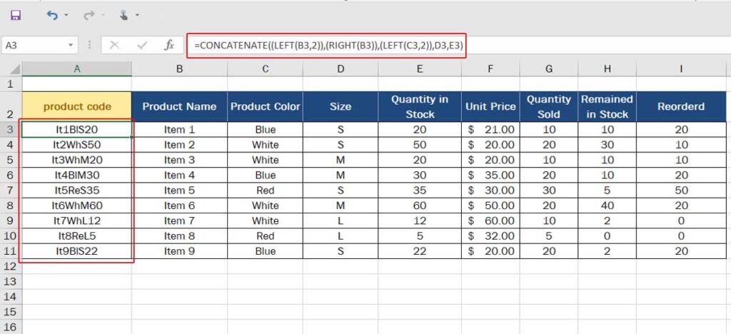Excel Inventory Management: Concatenate / left/ right functions
