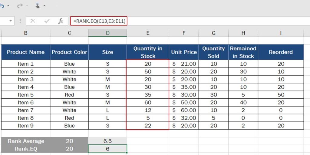 Excel Inventory Management: rank function