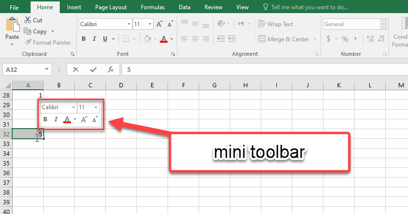 the mini toolar of a cell in an excel spreadsheet