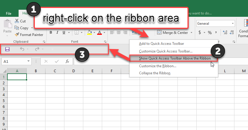 Right-click on the Ribbon area. Click Show Quick Access Toolbar below the Ribbon. The Quick Access toolbar will appear under the ribbon.