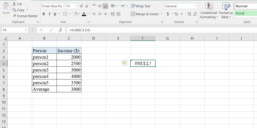 Excel NULL error