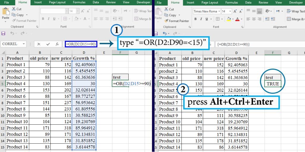How to use the OR function as an array formula in Excel