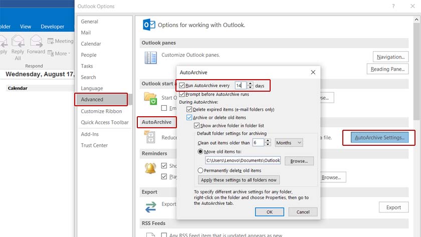Go to File > Options. Click on the Auto Archive button under the Advanced tab, enable the Run AutoArchive, and add the number of days.