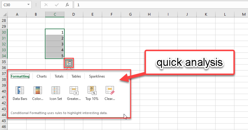 the Quick Analysis box of a column in an Excel spreadsheet