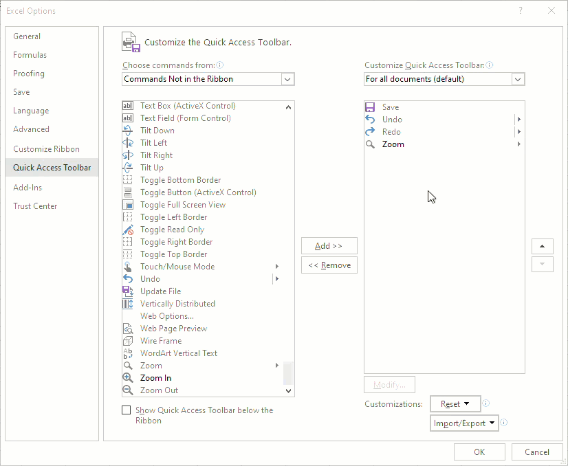 In the Customize Quick Access Toolbar section of the excel options window, choose a command you want to remove, and click Add then OK.