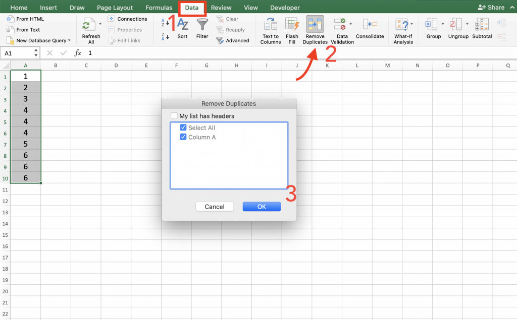 Remove duplicate rows with remove duplicates option under data tab in excel ribbon