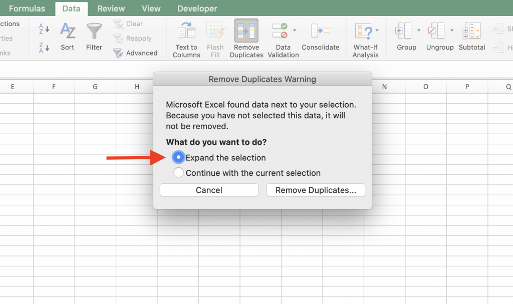 Remove duplicates warning window in excel