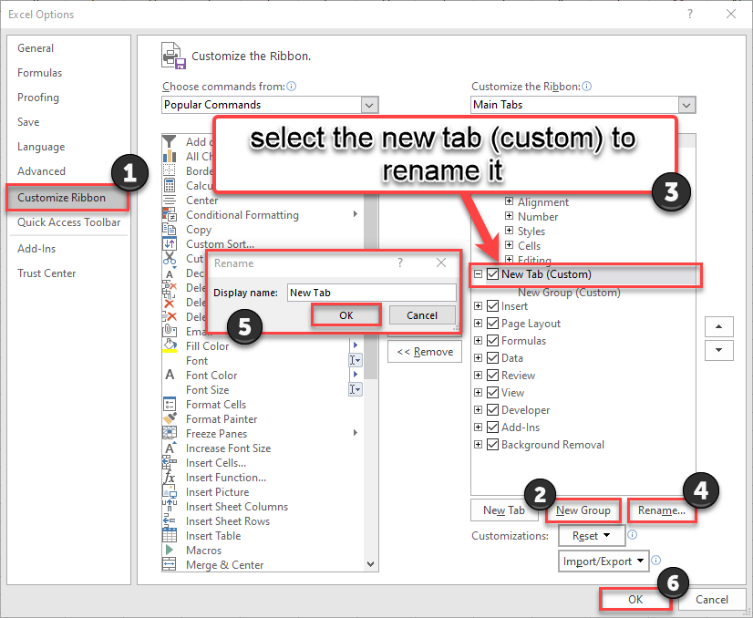 In the Customize Ribbon section of Excel options window, select the new tab and type in the new name of the tab in the box that opens to rename it.