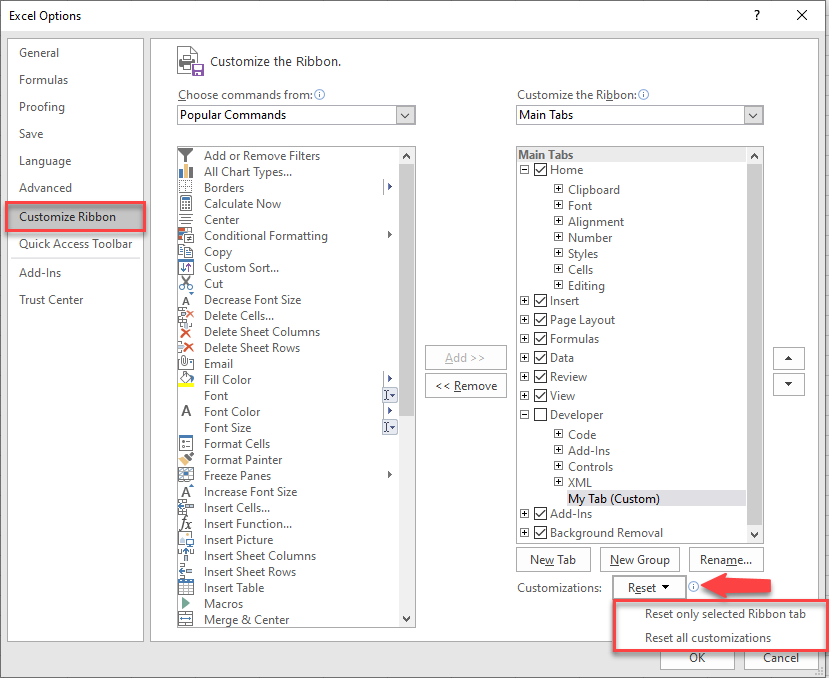 Right-click on the Ribbon area. Select Customize the Ribbon. Click the Reset button. You can reset a customized tab or all customizations. Press OK.