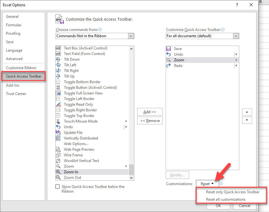 Click the Reset button in the Customize quick access toolbar of the excel options window. select reset a customized command or all customizations.