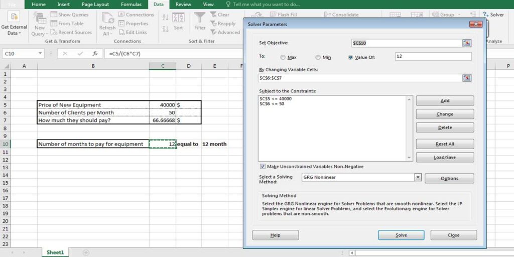 Example of SOLVER in Excel.