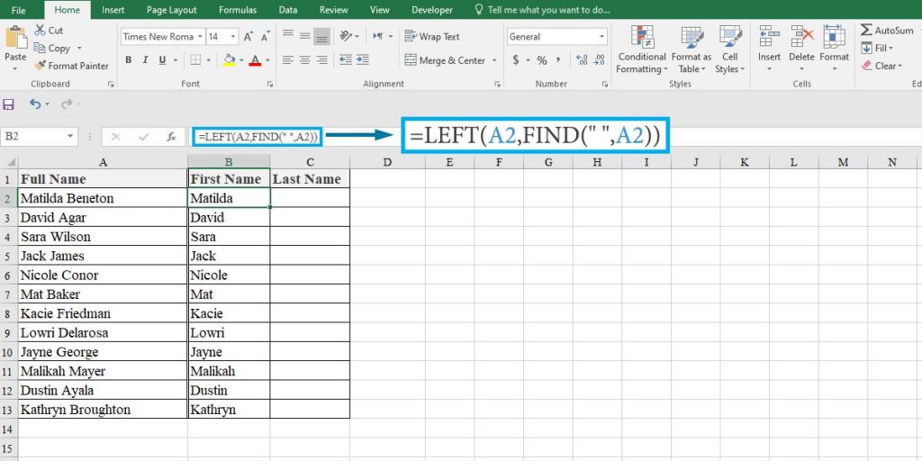 Extracting the first names in Excel