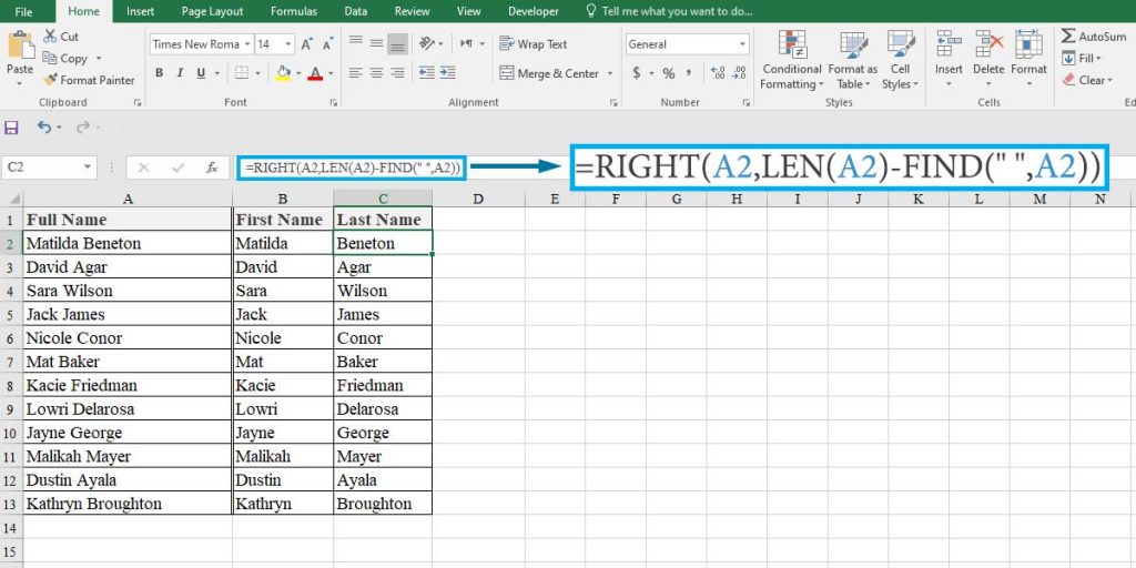 How to extract the last names from the full name in Excel